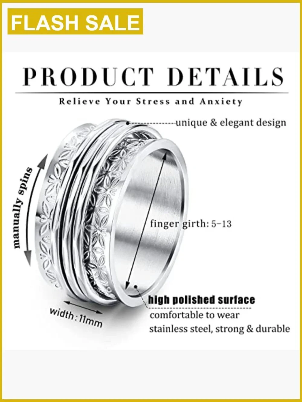 Stainless Steel Spinner Fidget Rings Anxiety Relief Band 12 Pack